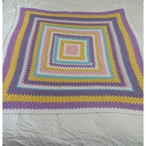 VTG Crochet‎ Baby Afghan Blanket Throw Yellow Purple Pink Pastel 57x56 Square